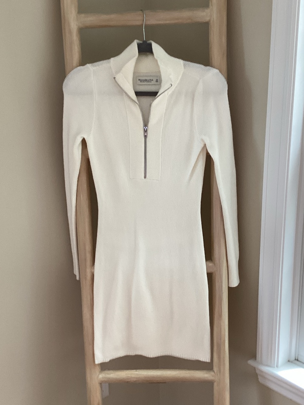 Abercrombie & Fitch Cream Zip-Front Ribbed Sweater Dress